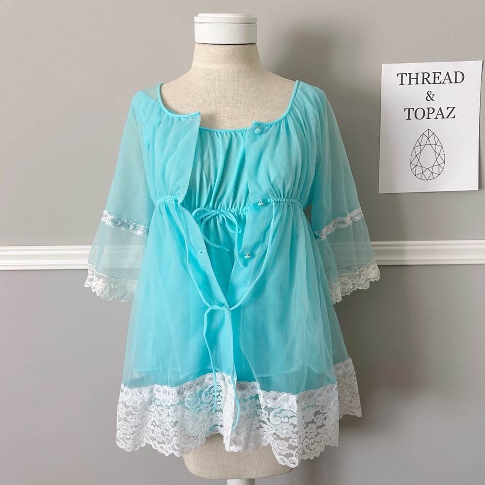 Radcliffe Vintage 60s Babydoll Aqua Blue Nylon Negligee Robe Nightie Set Small - Picture 3 of 12
